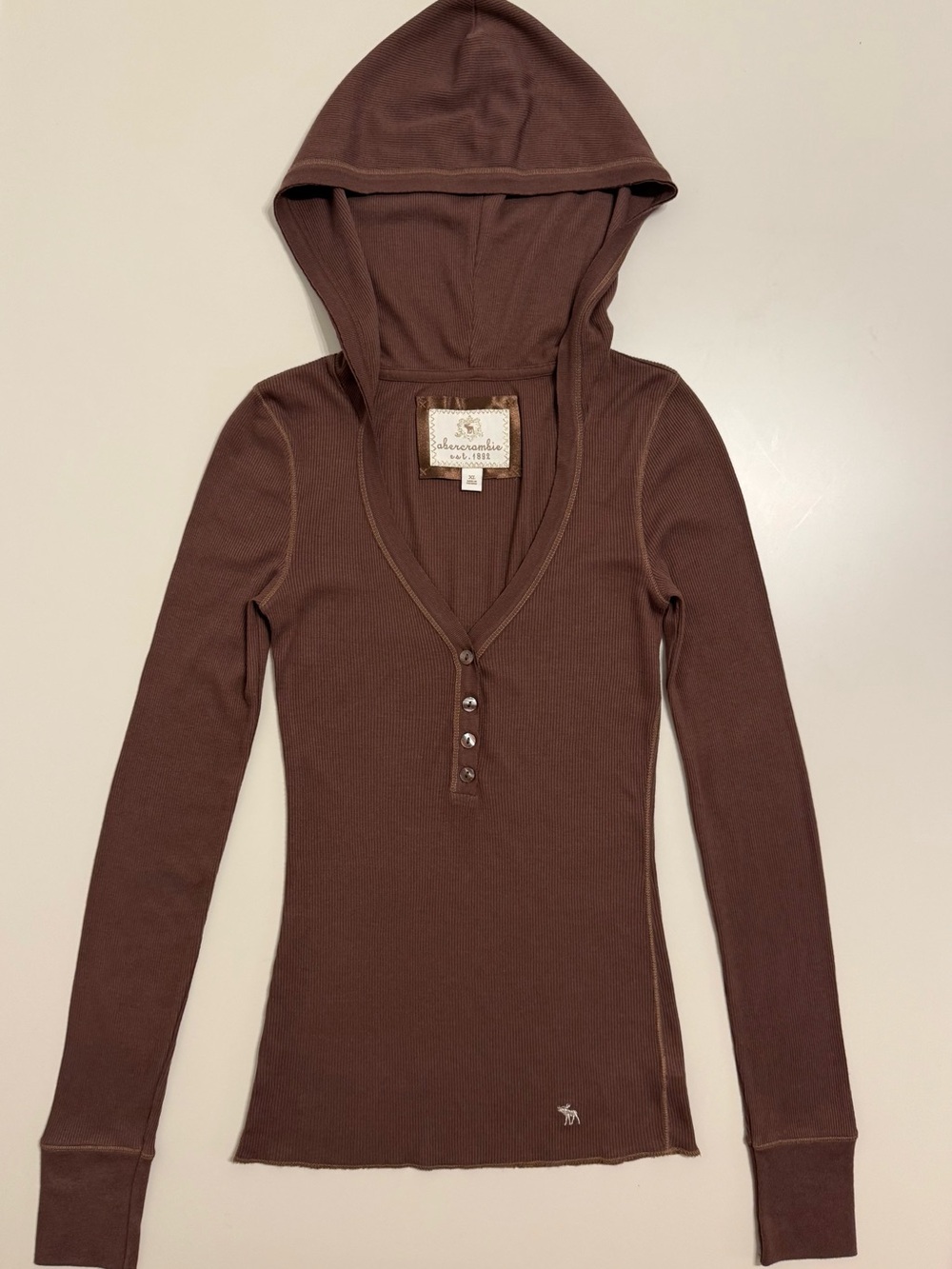 Y2K Vintage Abercrombie & Fitch Brown Ribbed Henley Hoodie Top XL (Fits S/M)